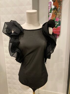 Elegant Black Ruffle Sleeve Sheer Bodysuit Top